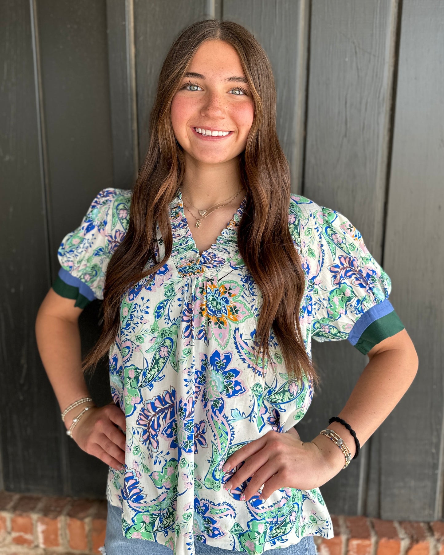 Green Mix Pattern Short Sleeve Top