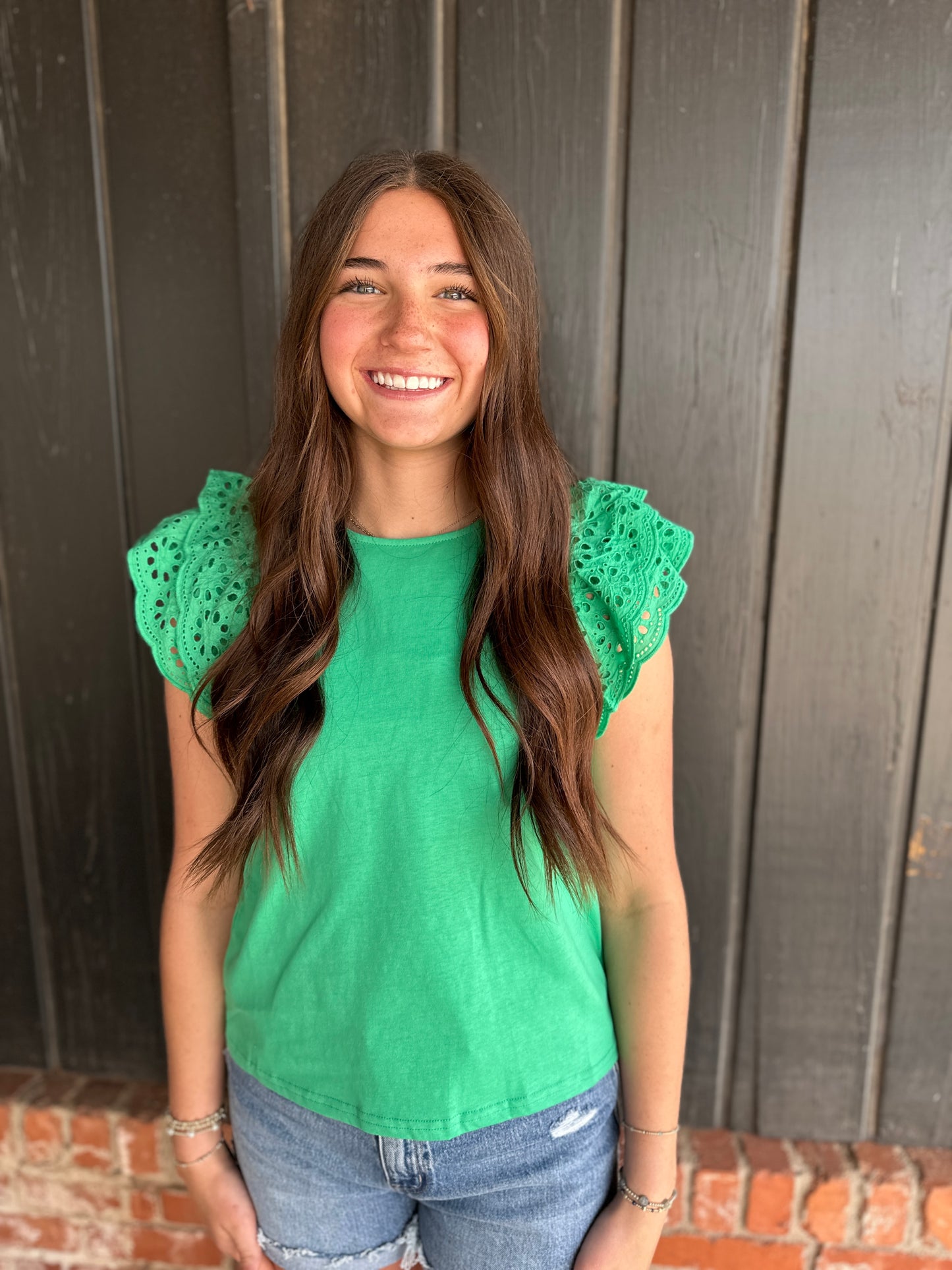 Kelly Green Crew Neck Eyelet Lace Ruffled Sleeve