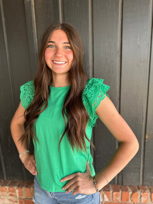 Kelly Green Crew Neck Eyelet Lace Ruffled Sleeve