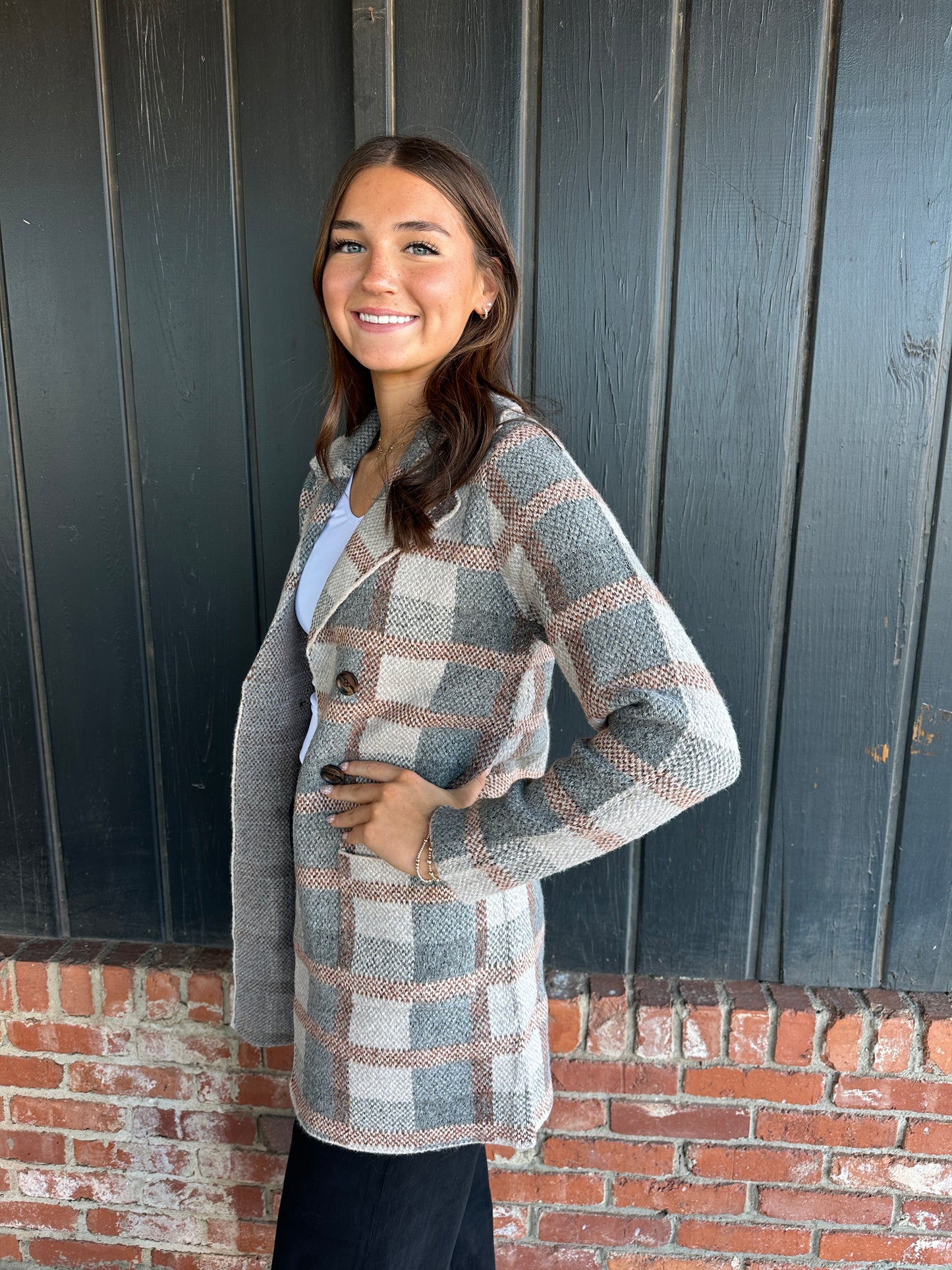 Copper Tailor Collar Plaid Heavy Sweater Cardigan