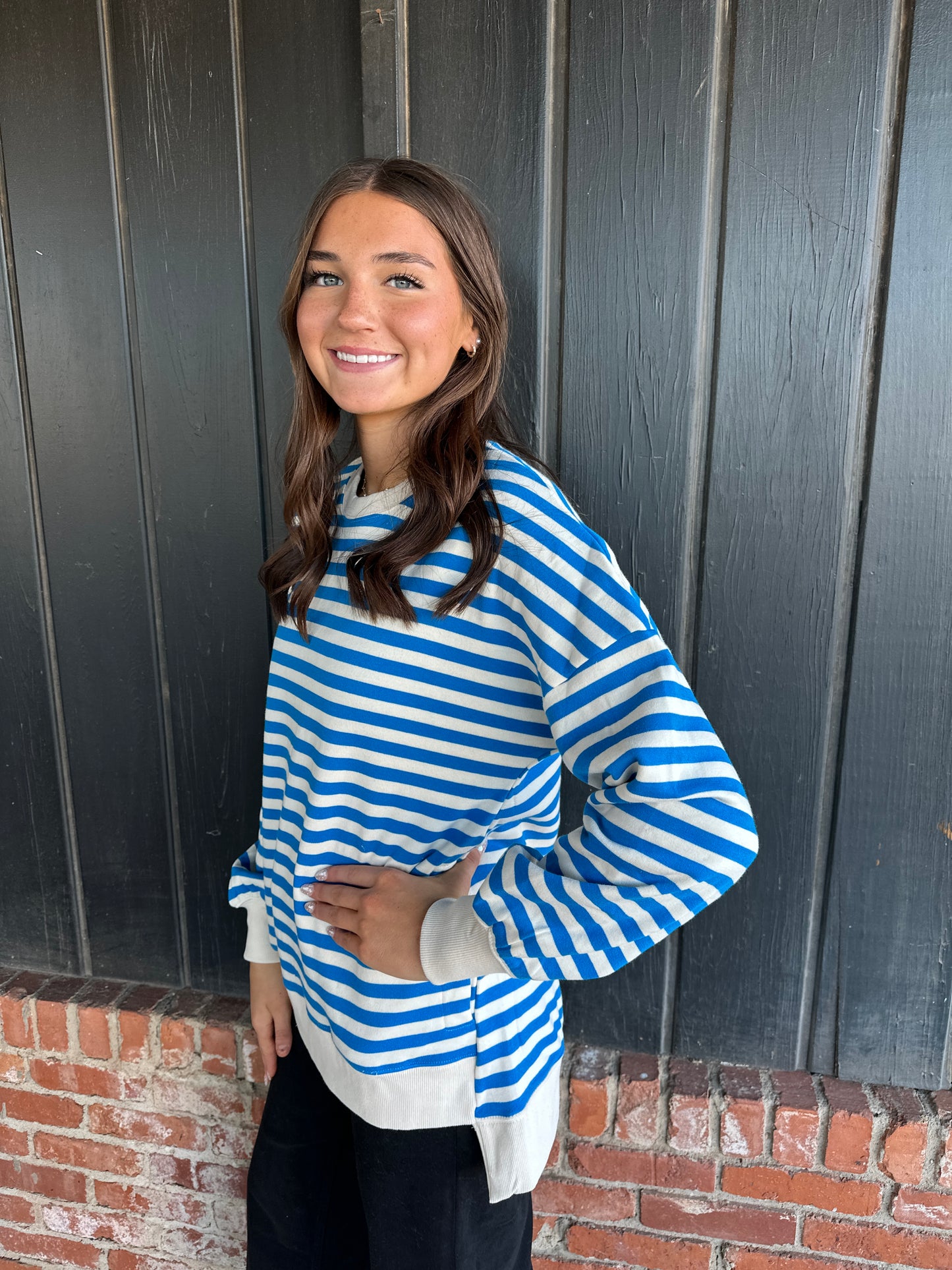 Blue Stripe Hi Low Sweatshirt
