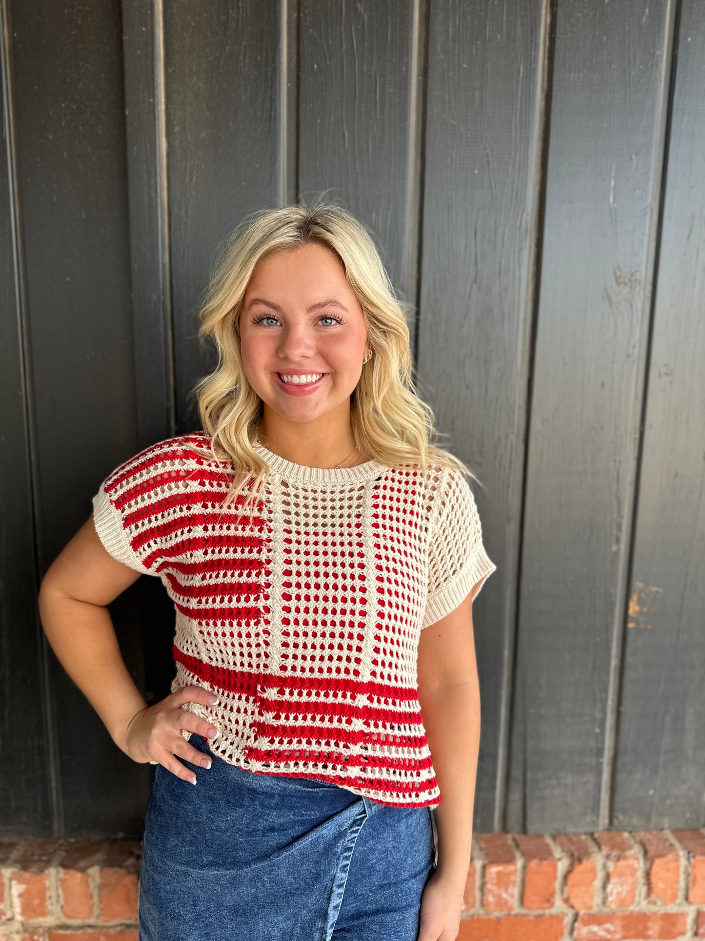 Red Multi Stripe Short Sleeve Sheer Crochet Knit Top