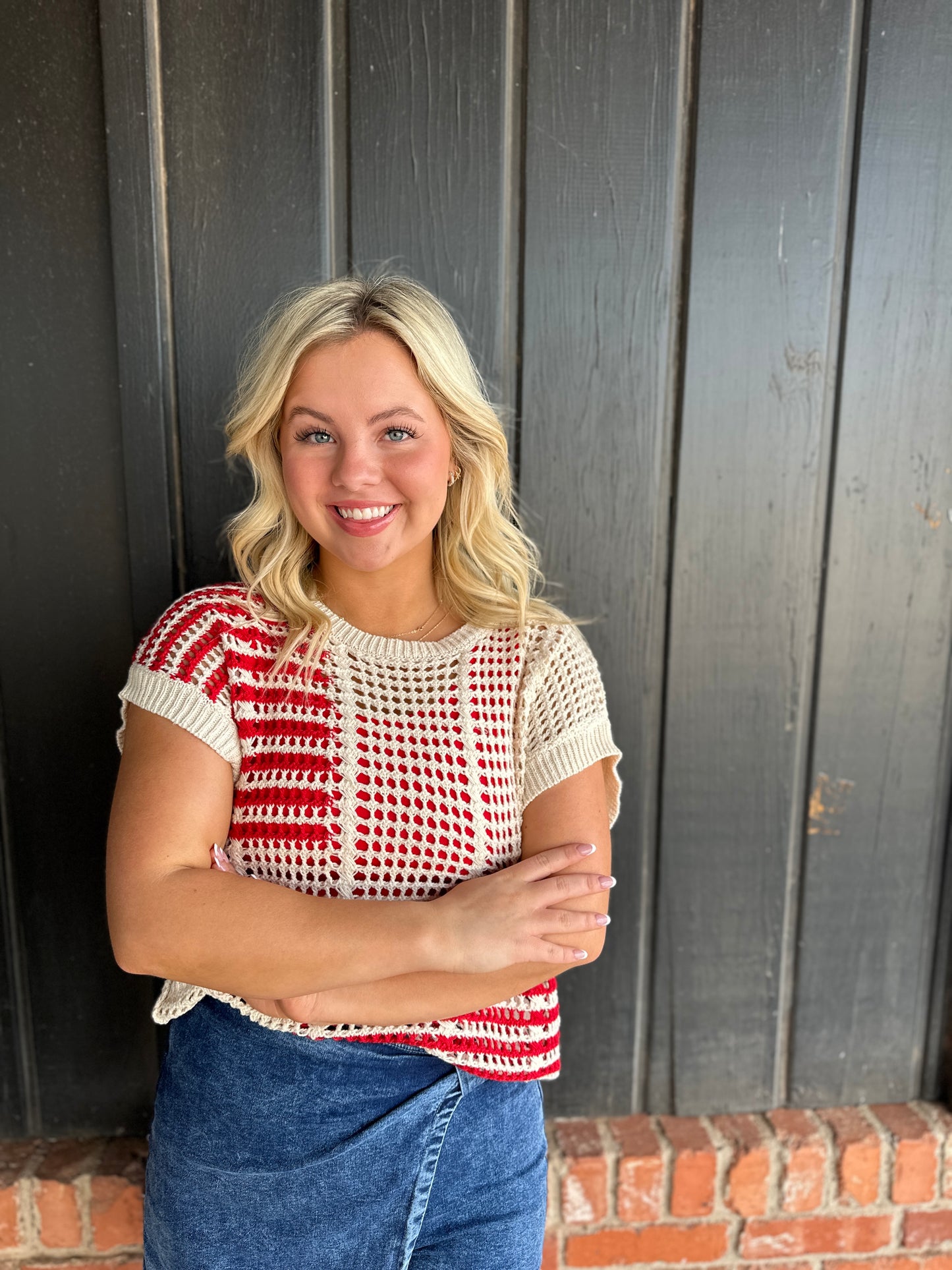 Red Multi Stripe Short Sleeve Sheer Crochet Knit Top