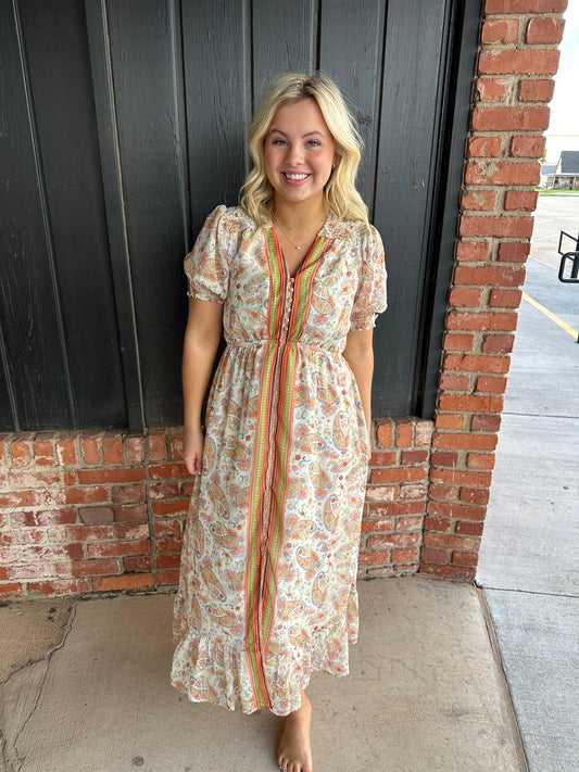 Border Print Tie V-Neck Maxi Dress