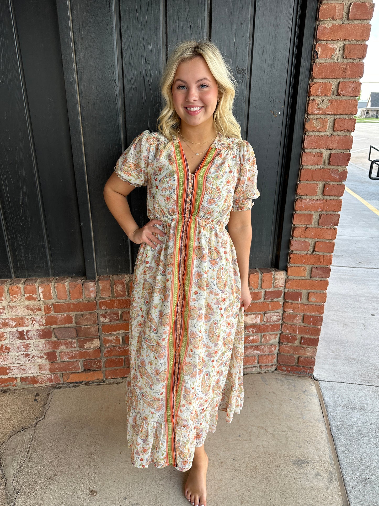 Border Print Tie V-Neck Maxi Dress