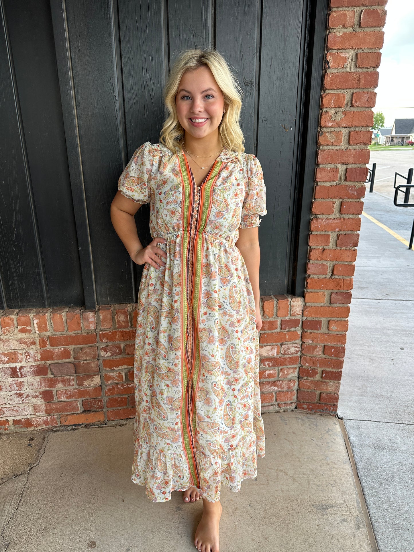 Border Print Tie V-Neck Maxi Dress