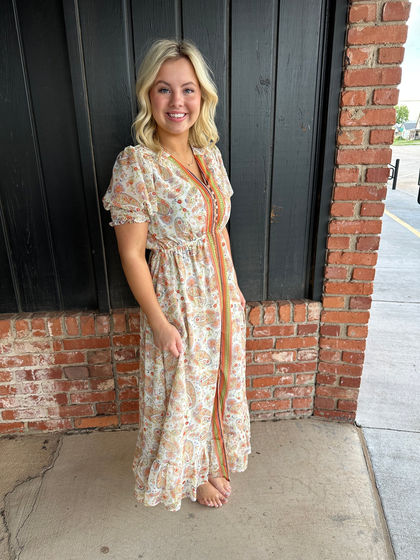 Border Print Tie V-Neck Maxi Dress