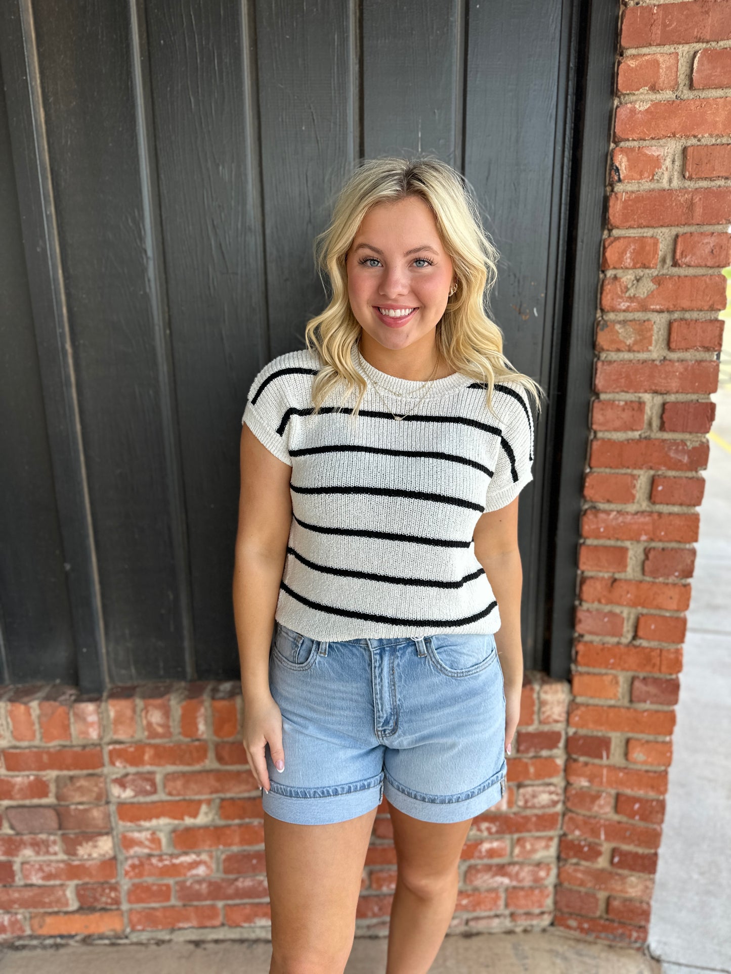 Black Stripe Extended Shoulder Short Sleeve Knit Sweater