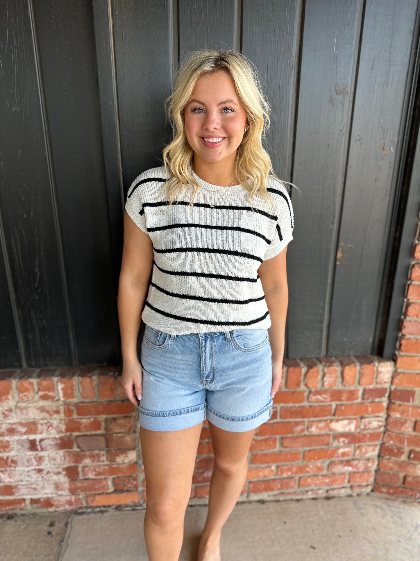 Black Stripe Extended Shoulder Short Sleeve Knit Sweater