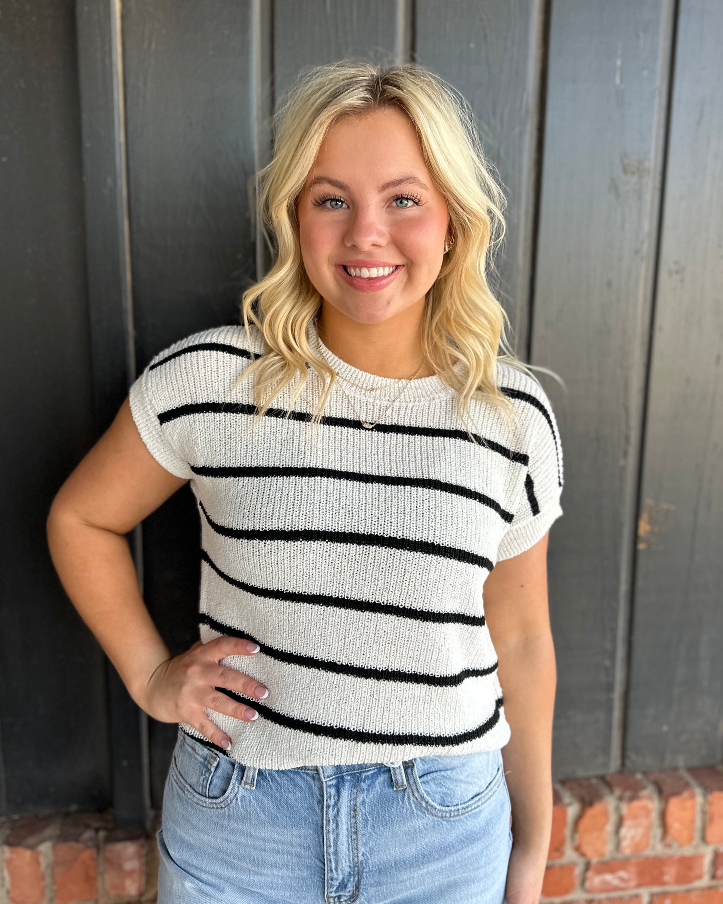 Black Stripe Extended Shoulder Short Sleeve Knit Sweater