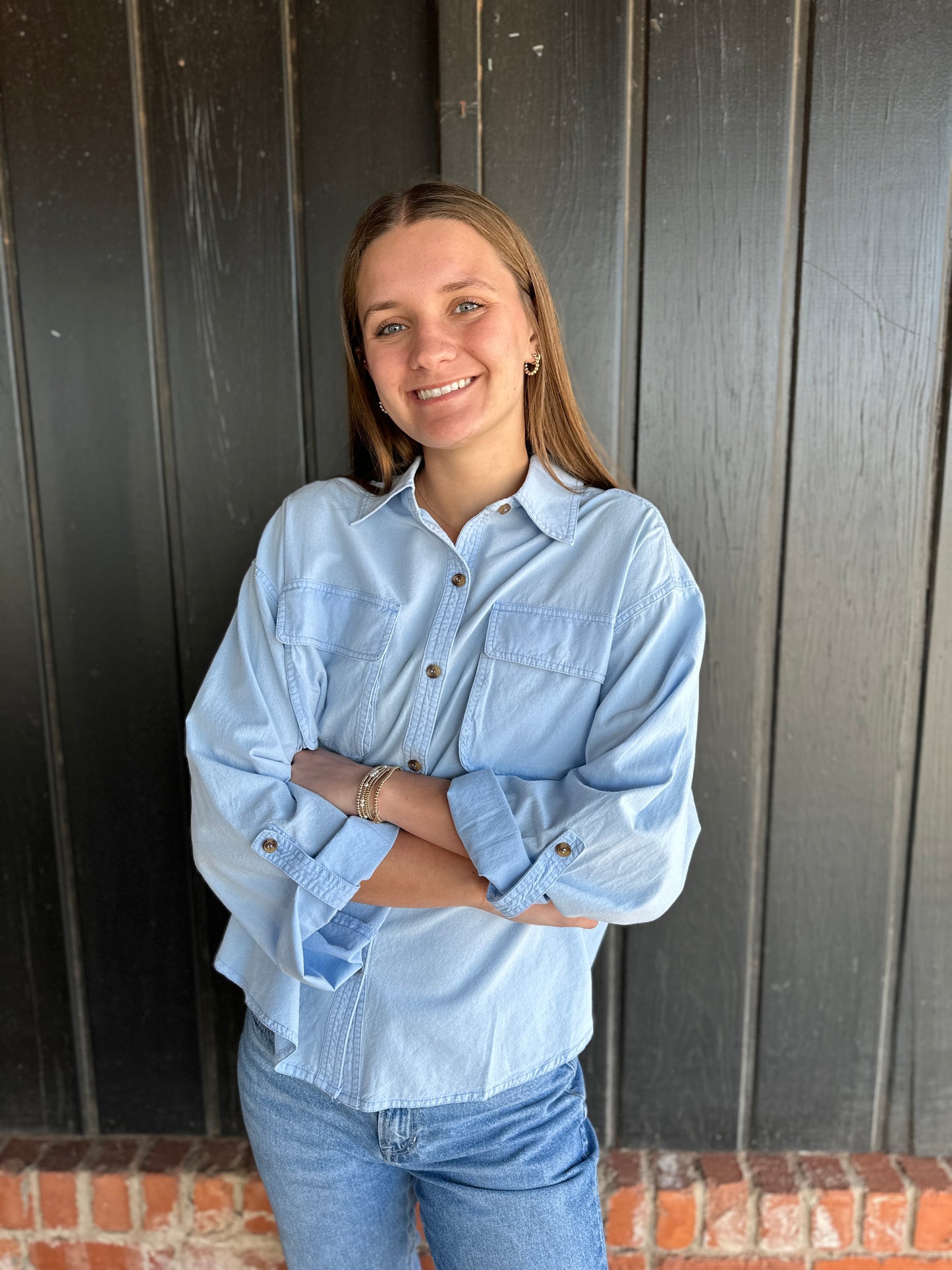 Denim linen blended double pocket top