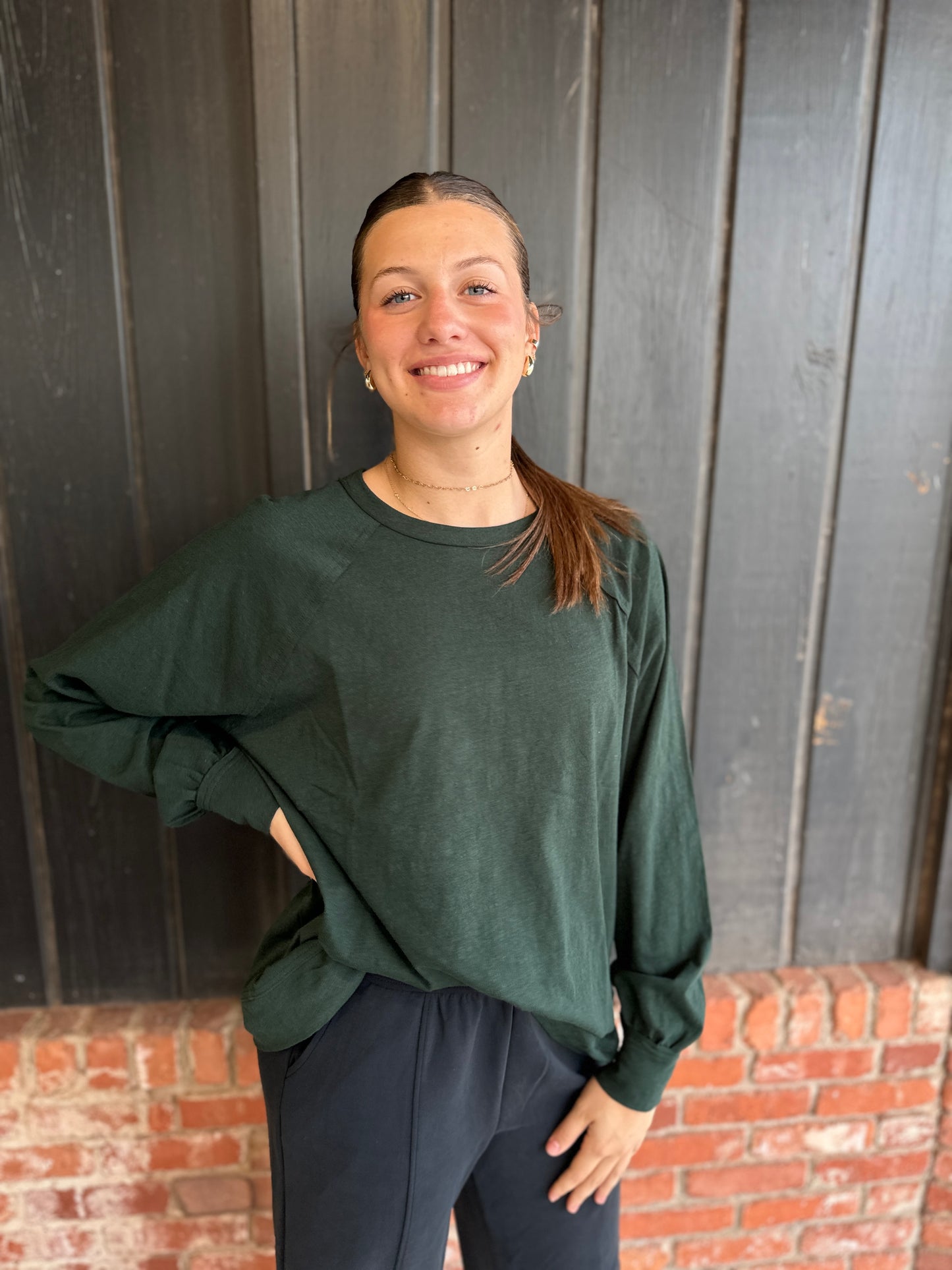 Regency Green Oversized Cotton Slub Long Sleeve Top