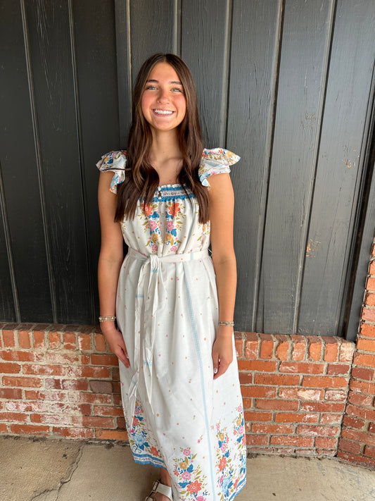 Border Print Ruffle Shoulder Strap Maxi Dress