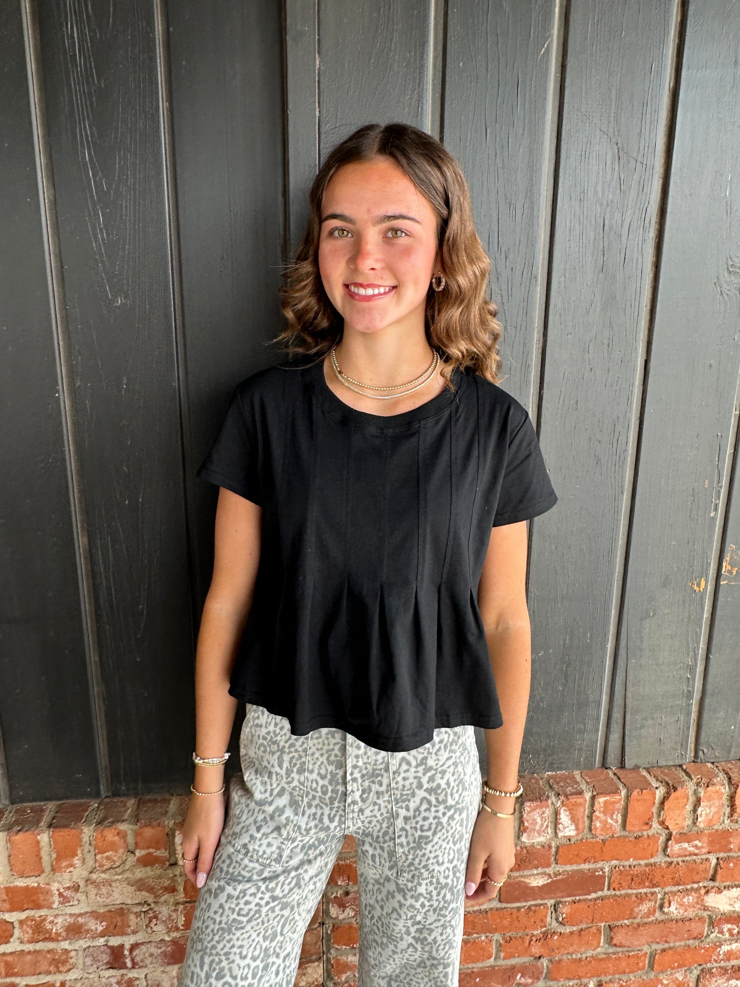 Black Pleated Swing Tee Top
