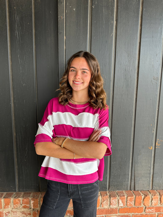 Magenta Striped Exposed Seam Top