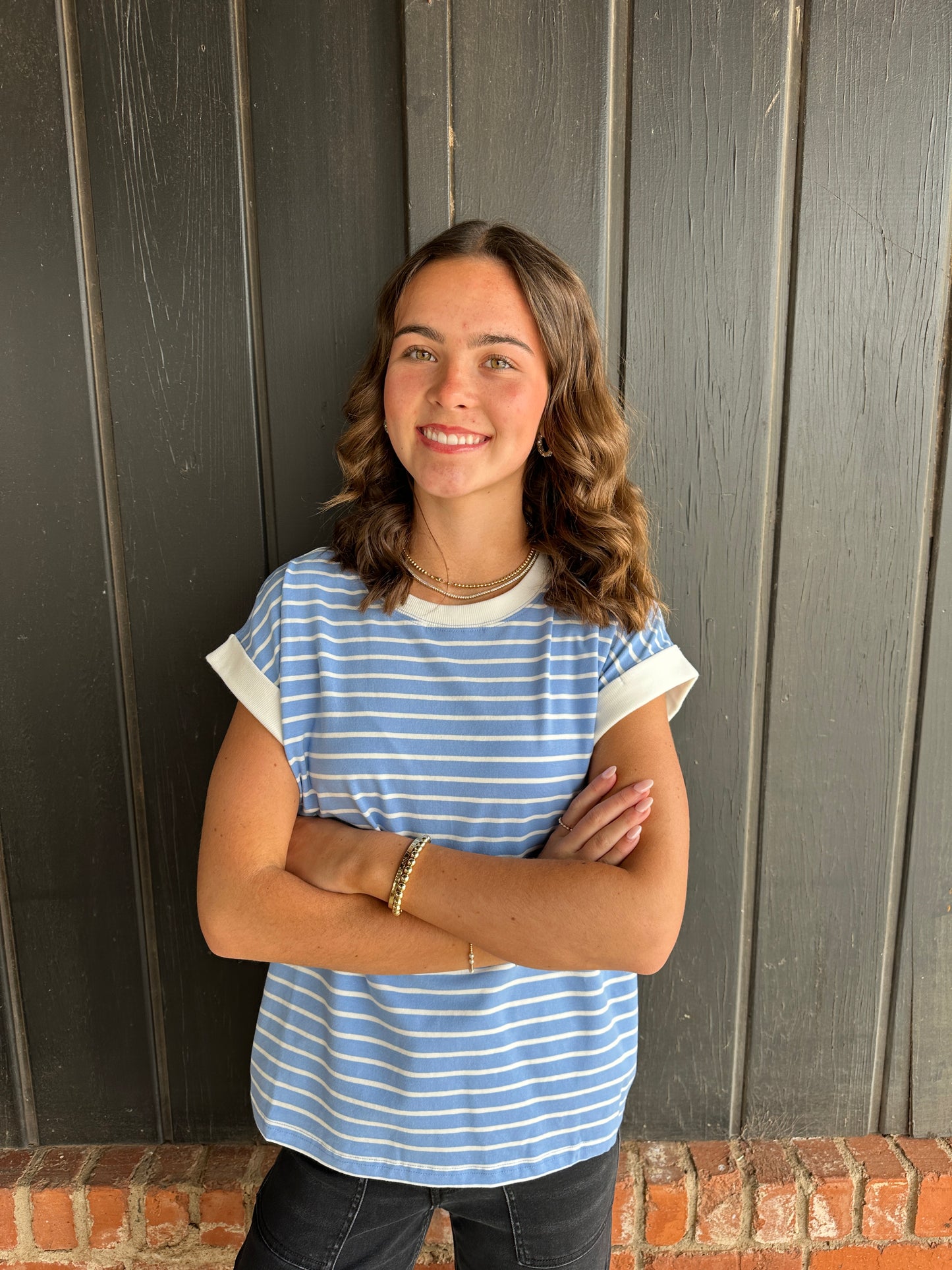 Cornflower Blue Cap Sleeve Stripe Tee