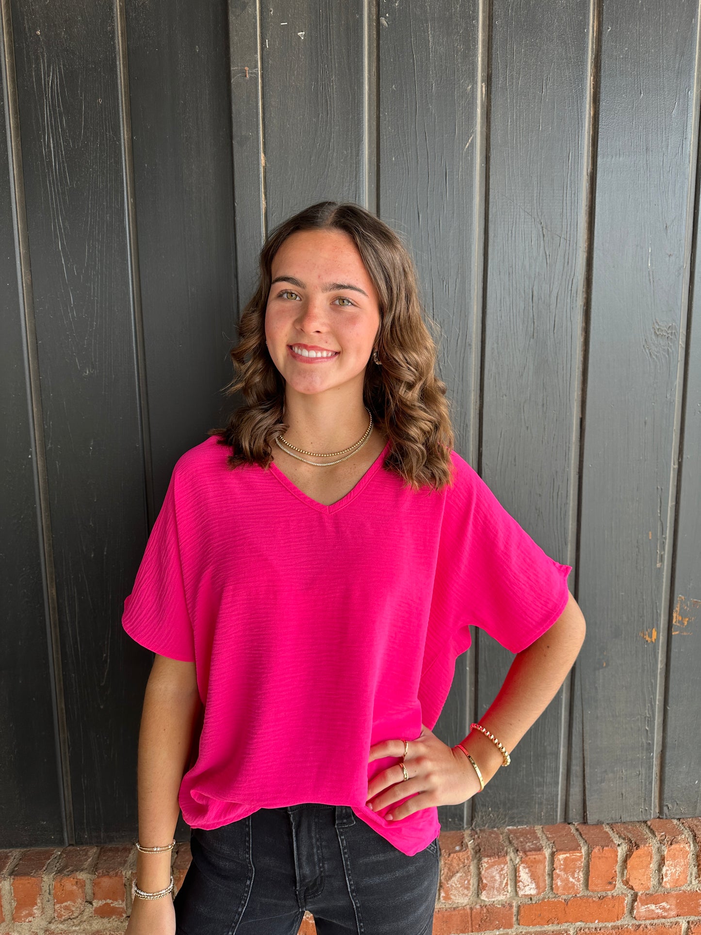 Hot Pink V Neck Top