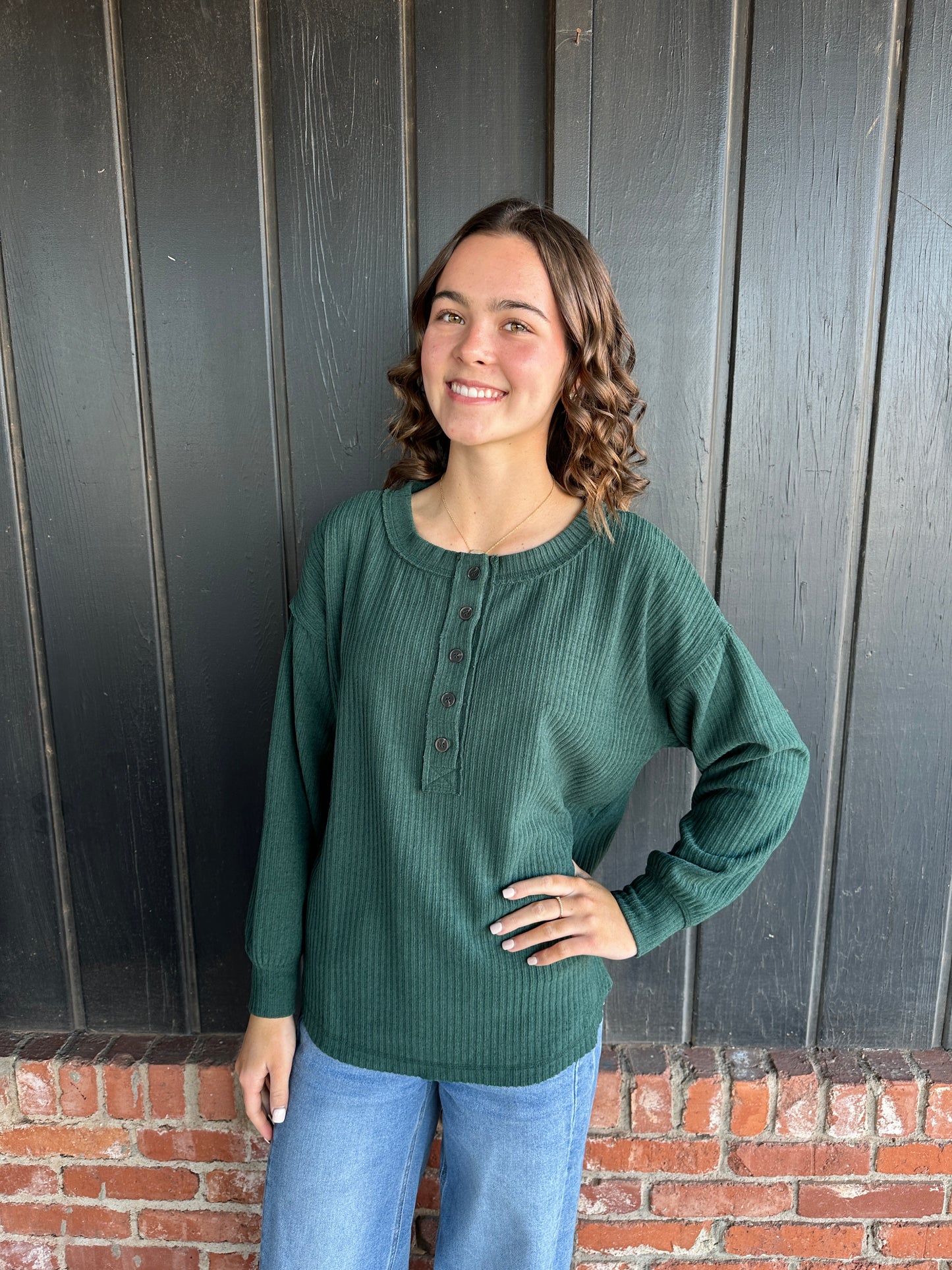 Hunter Green Ribbed Henley Top