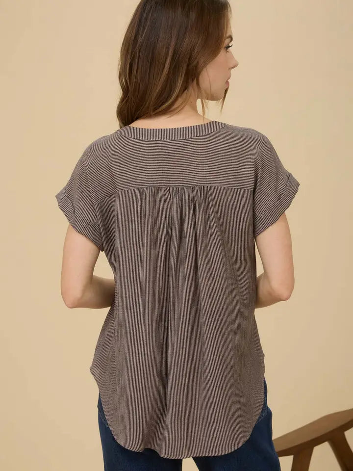 Mocha Pinstripe Short Cuff Sleeve Button Down Shirt
