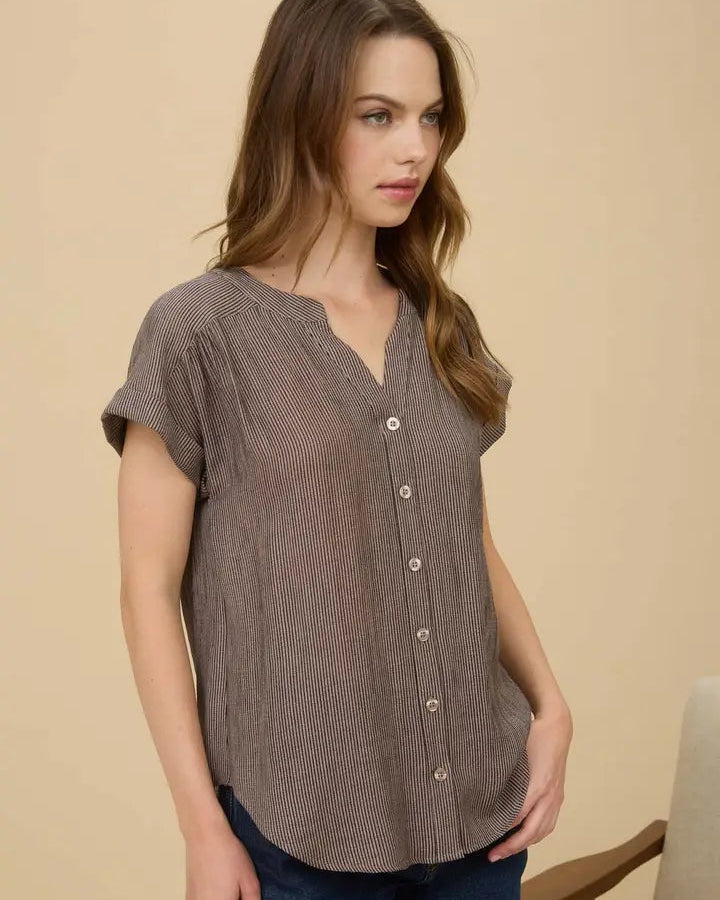 Mocha Pinstripe Short Cuff Sleeve Button Down Shirt