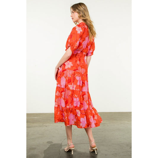 Orange Floral Print Tiered Tassel Maxi Dress