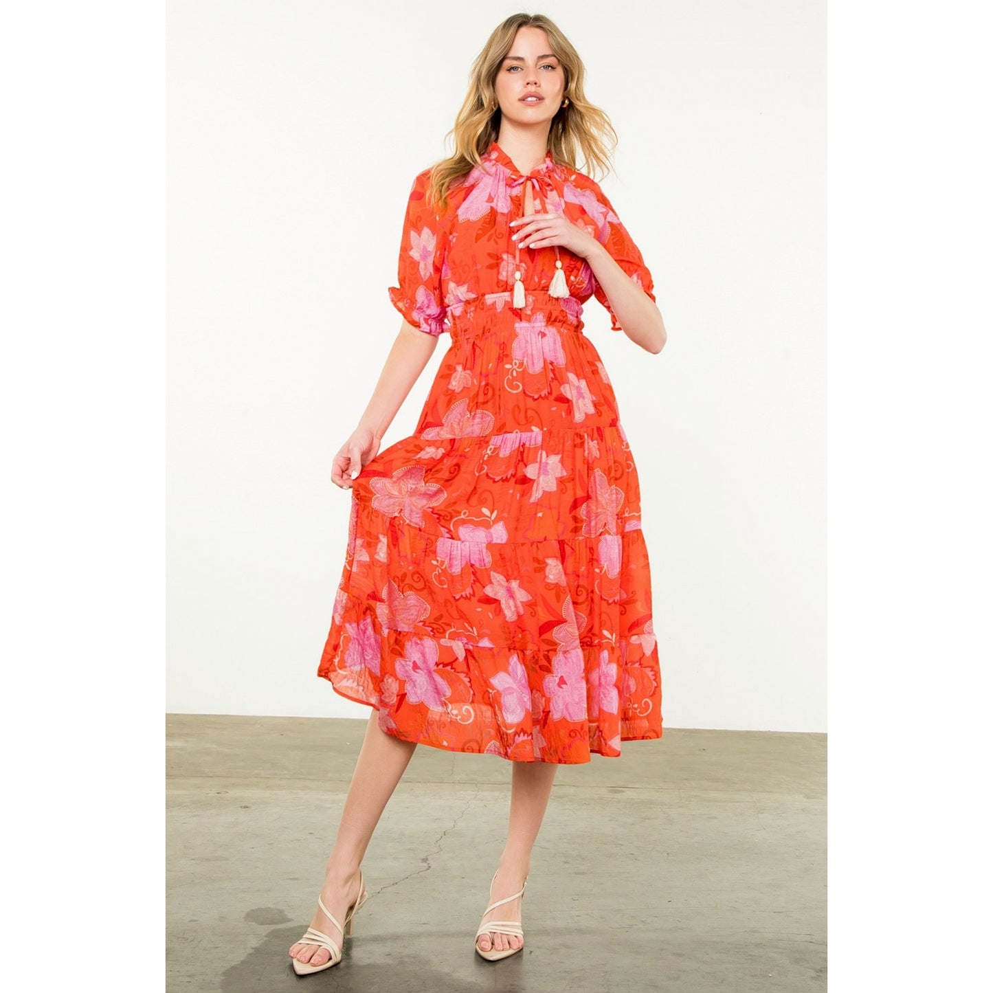 Orange Floral Print Tiered Tassel Maxi Dress