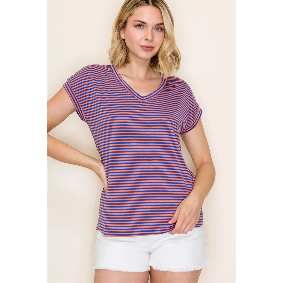 Orange and Royal V Neck Short Sleeve Striped Top