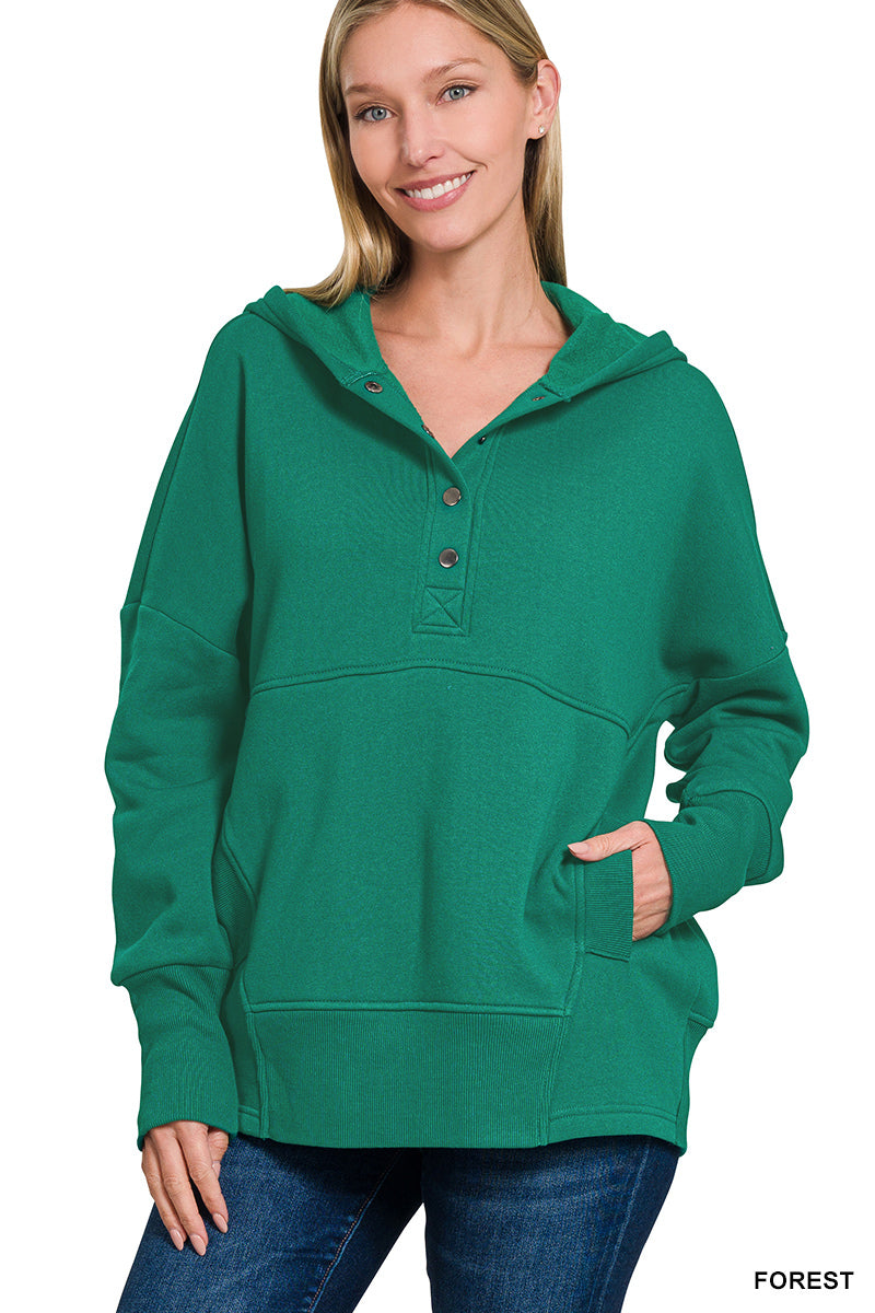 Green Half Zip Button Hooded Sweatshirt
