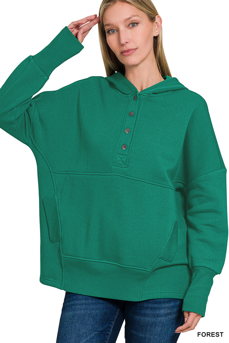 Green Half Zip Button Hooded Sweatshirt