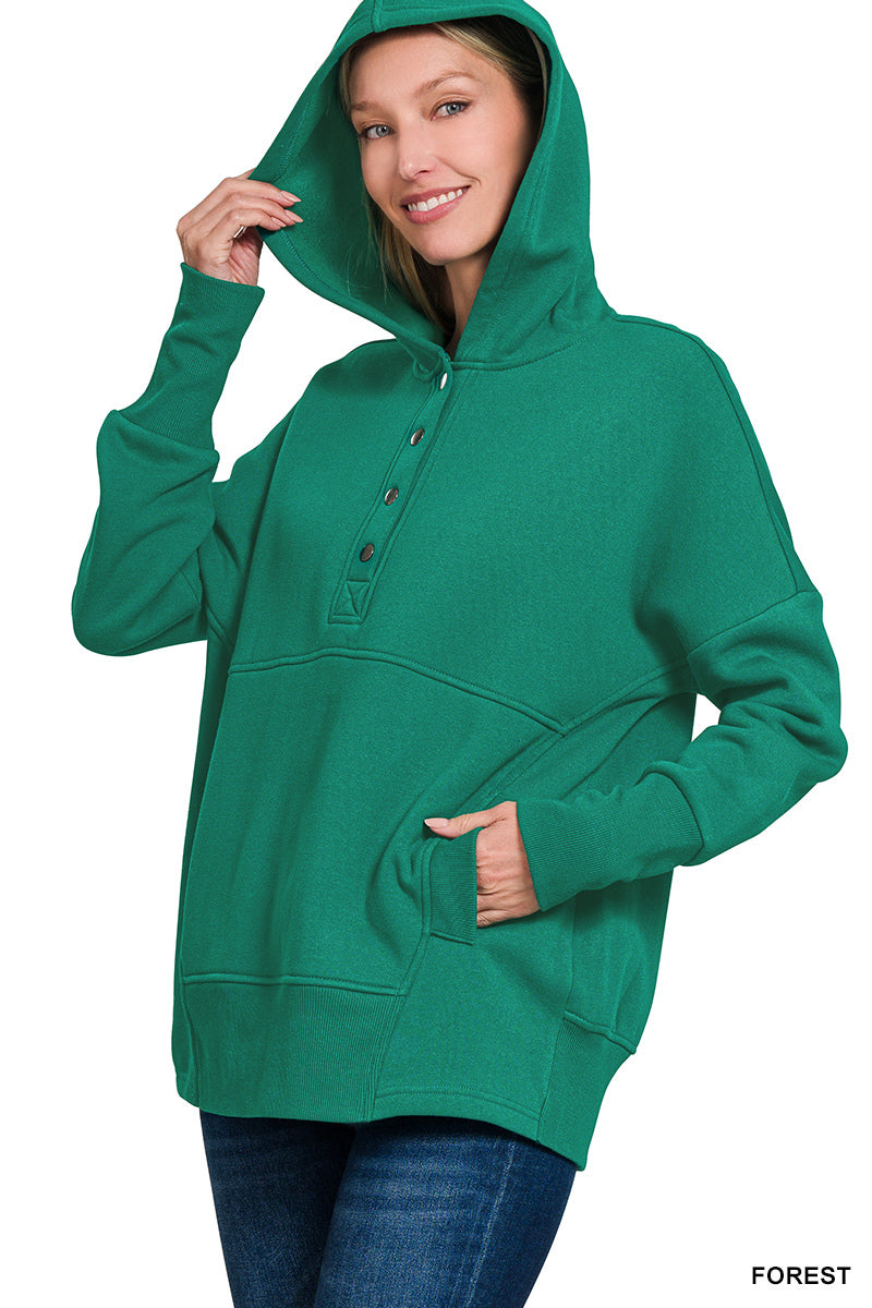 Green Half Zip Button Hooded Sweatshirt