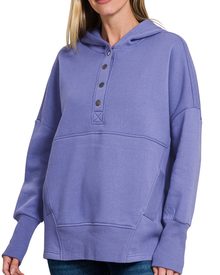 Periwinkle Half Snap Button Hooded Sweatshirt