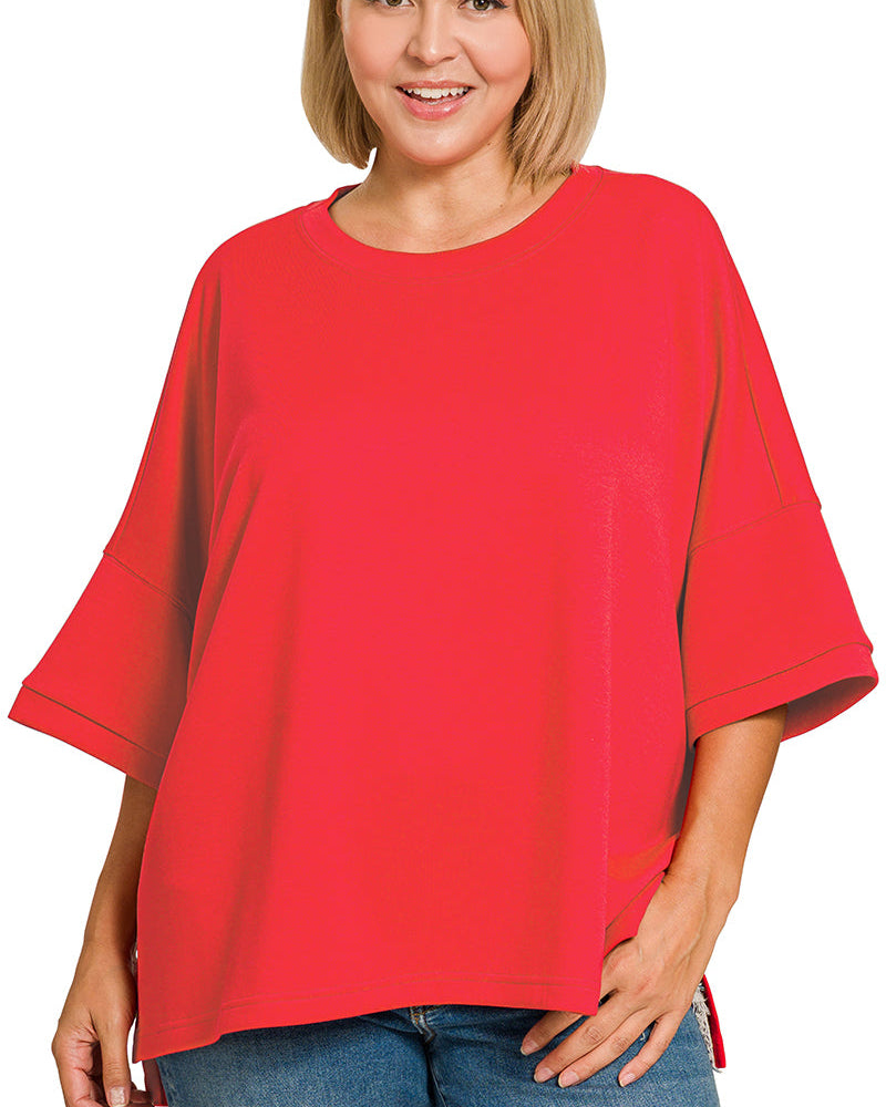 Red Scuba Round Neck top with side slits