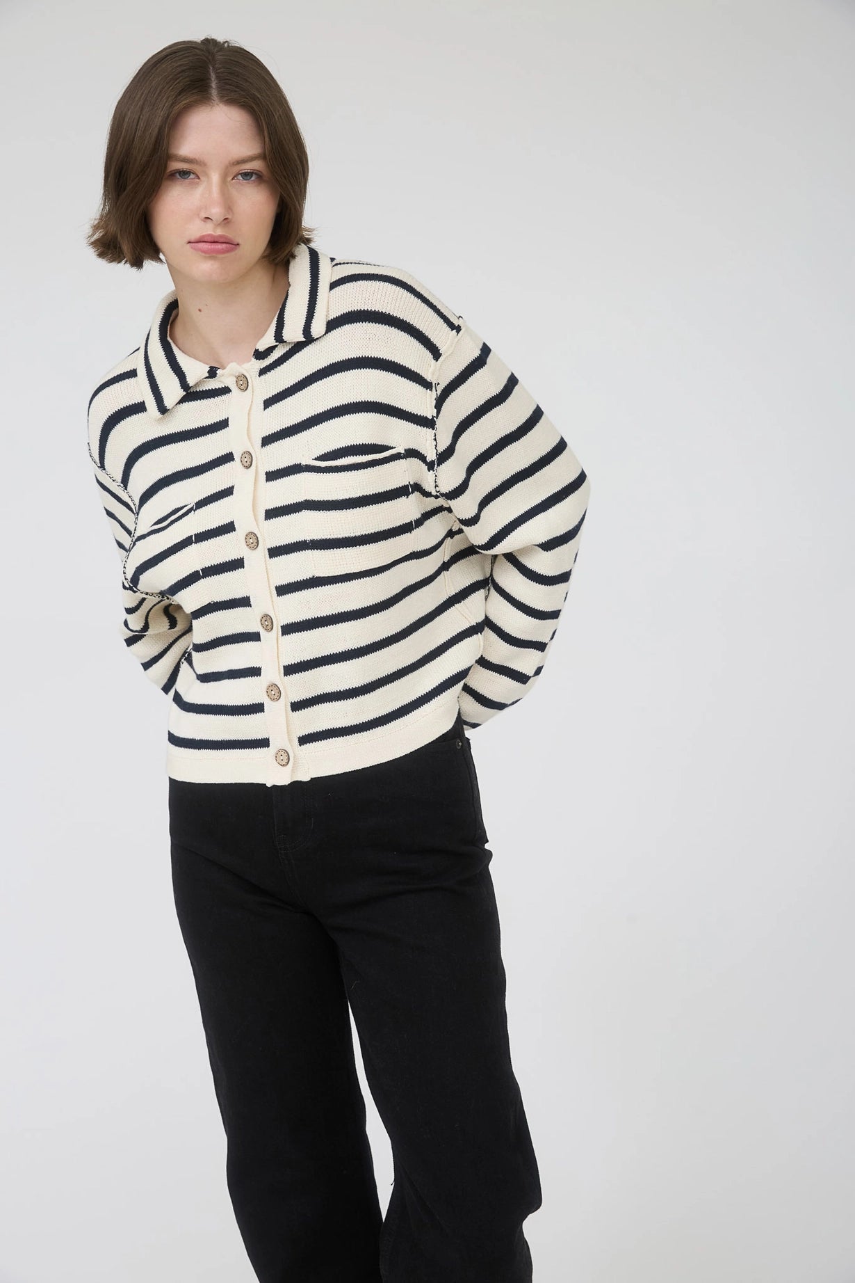 Stripe Collared Exposed Seam Long Sleeve Cardigan