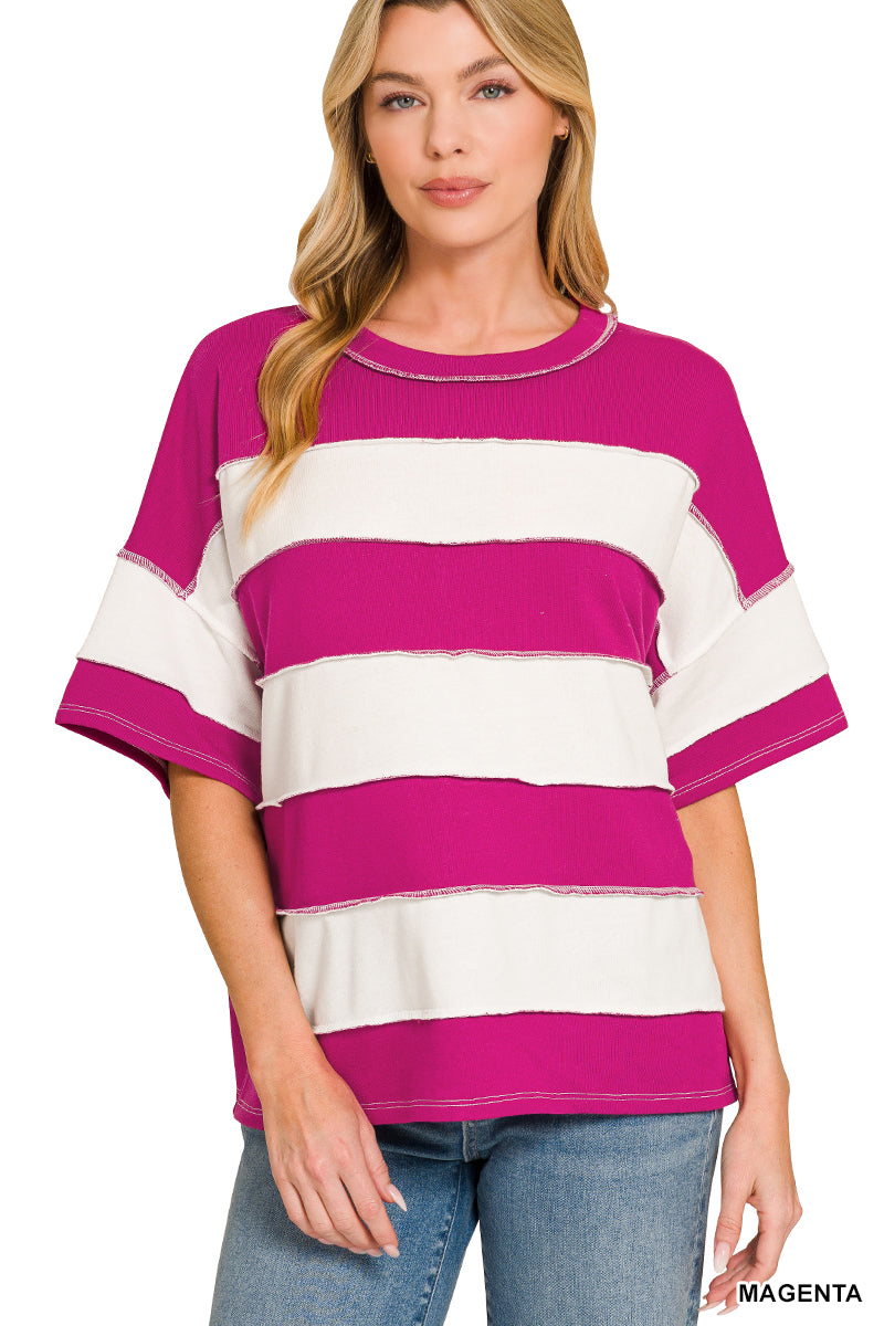 Magenta Striped Exposed Seam Top
