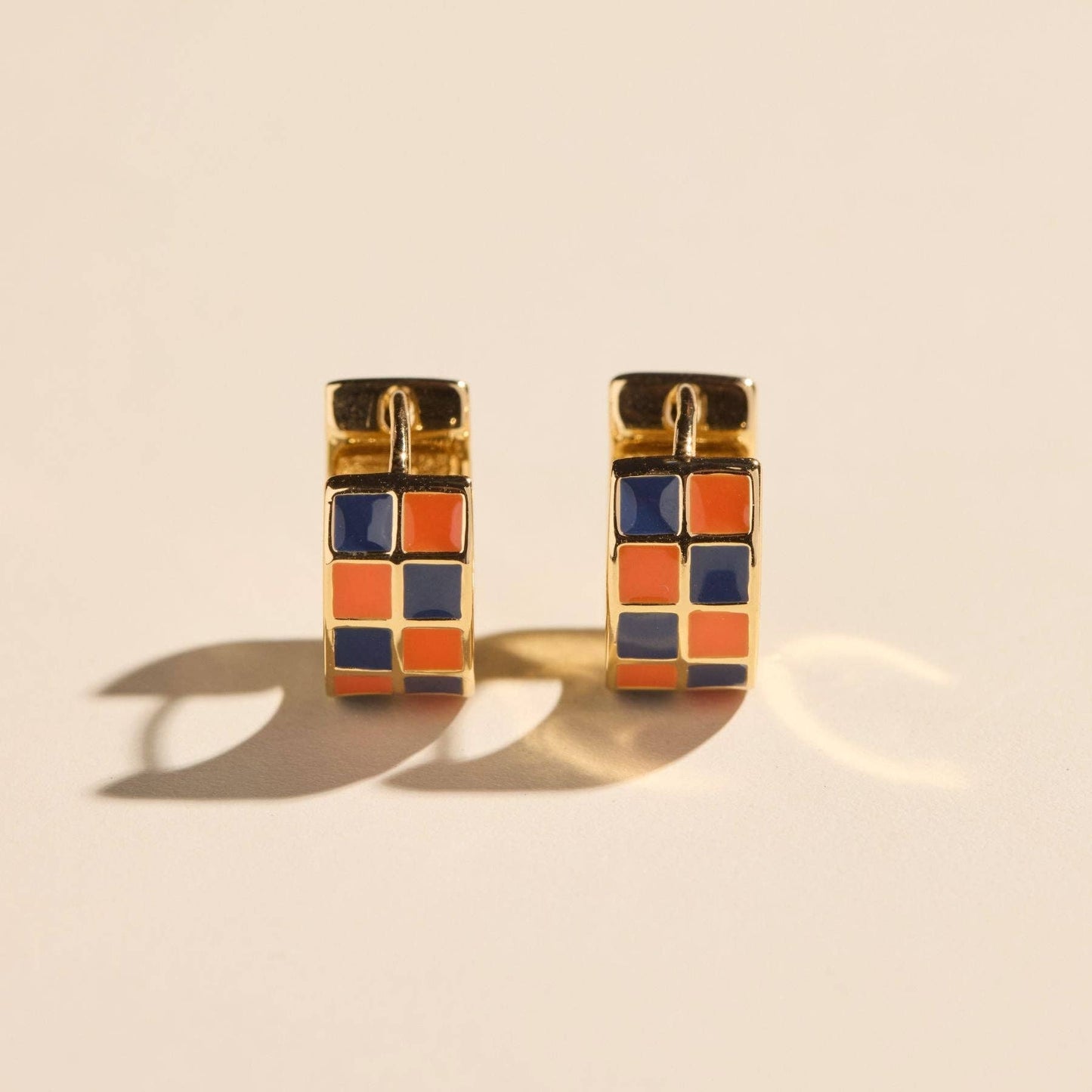 Blue & Orange Checkered Enamel Huggies - Nickel & Suede