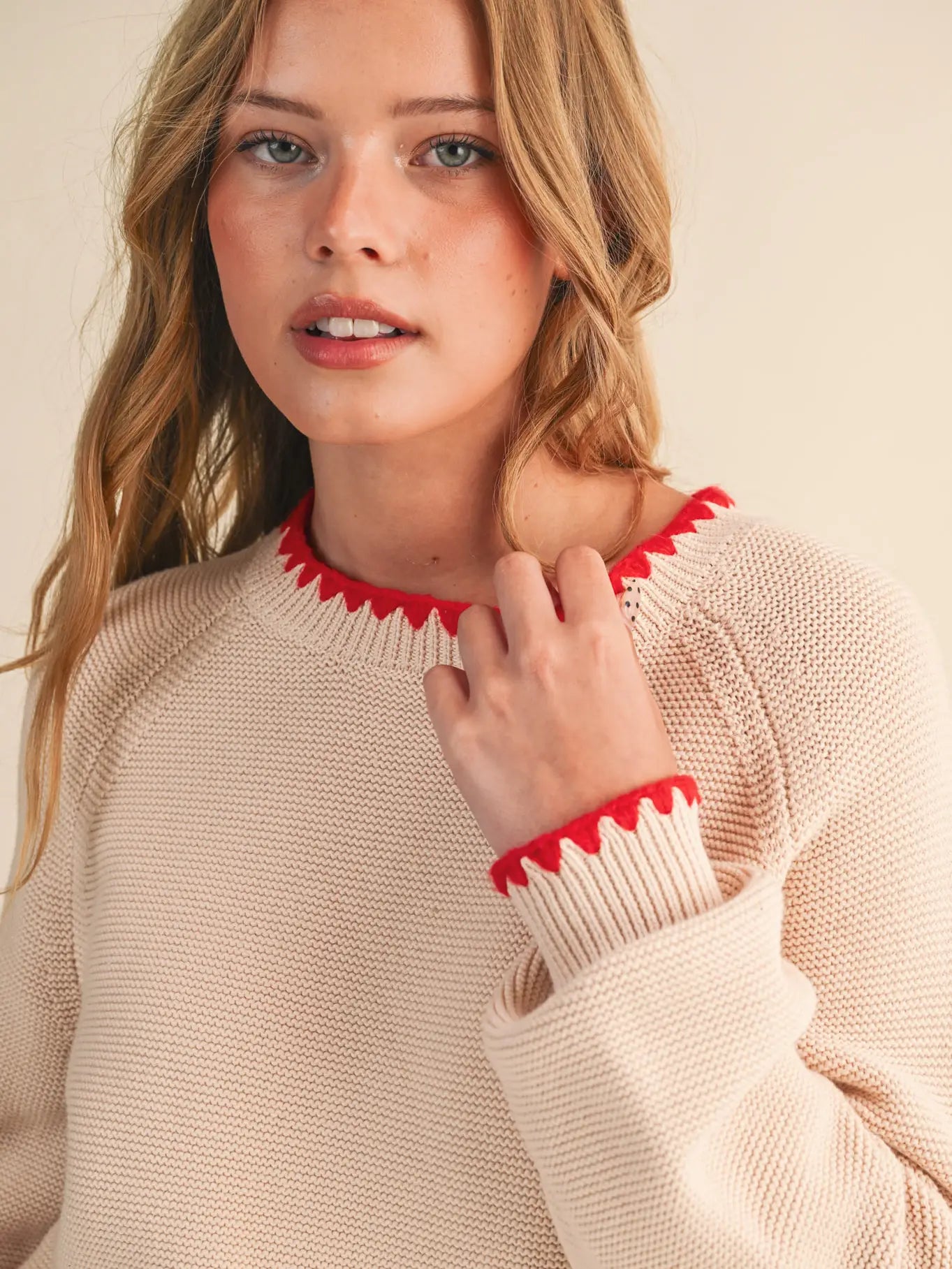 Almond Red Long Puff Sleeve Sweater with Contrast Stitch