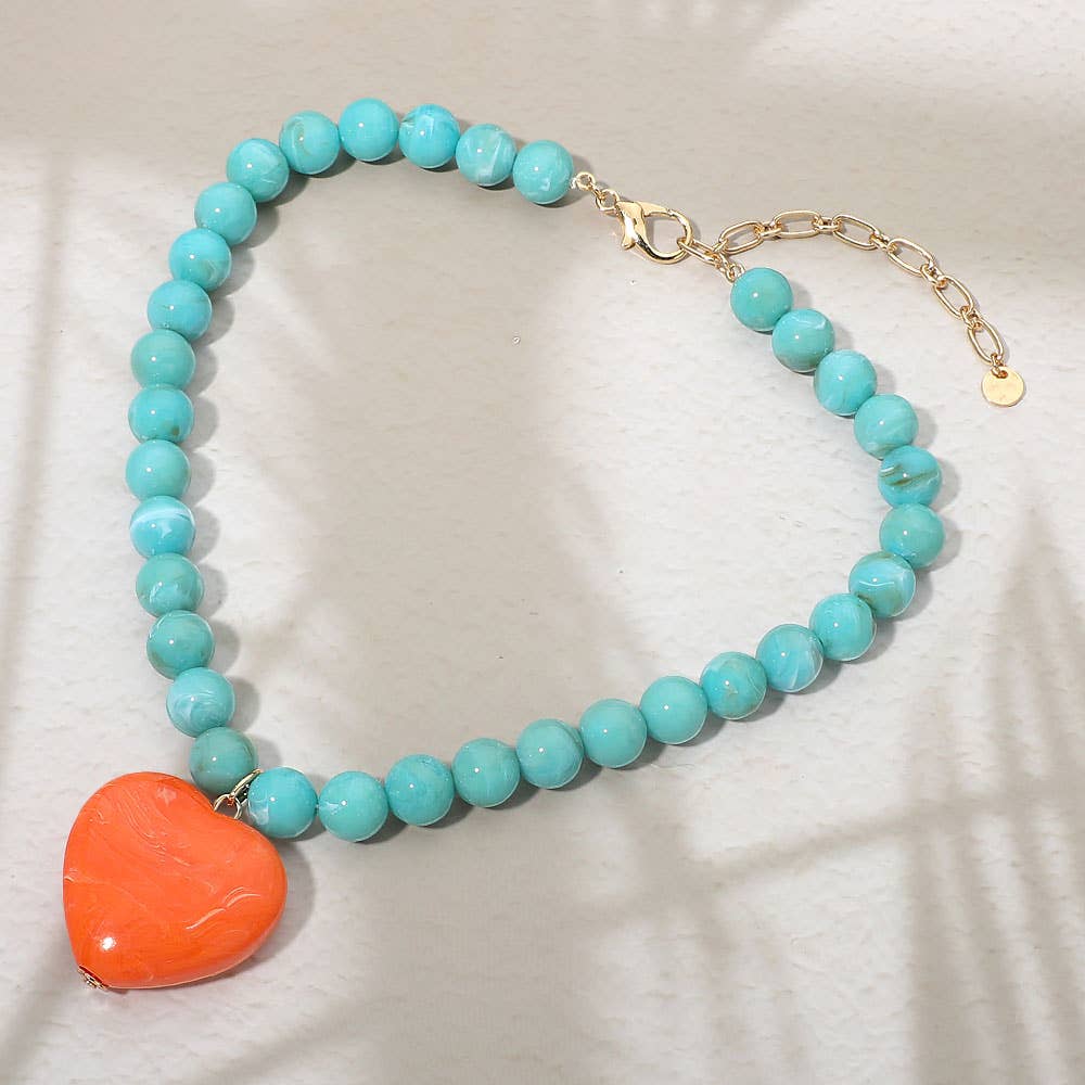 Chunky Marbled Resin Heart Charm Beaded Necklace