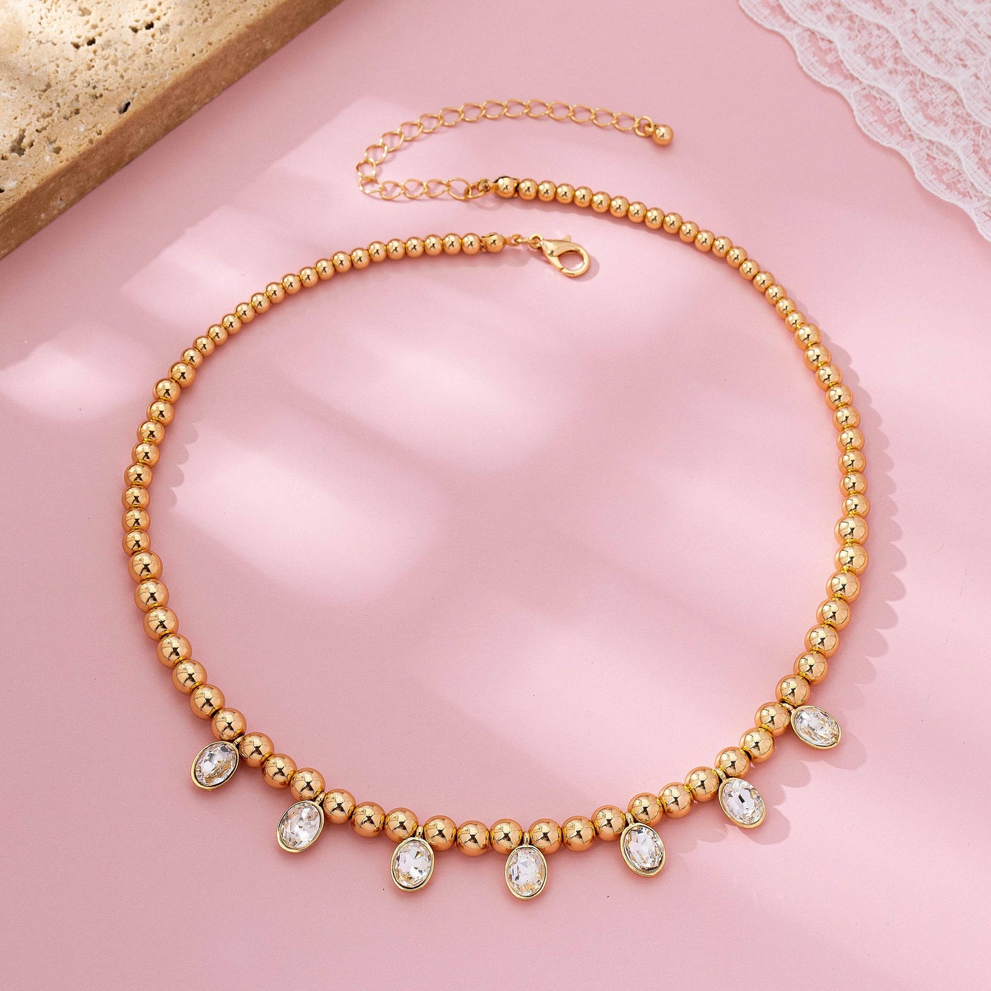 Oval Stone Beaded Ball Chain necklace