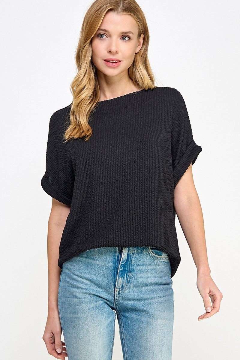 Black Solid Ribbed Top