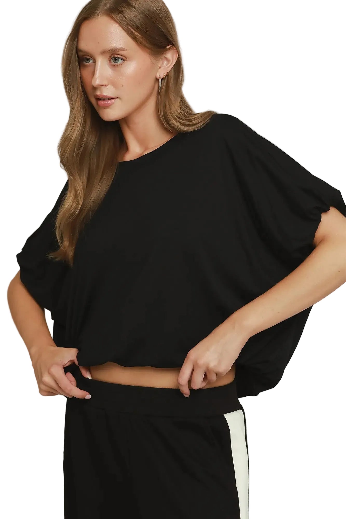 Black Double Lined Bubble Sleeve & Hem Top