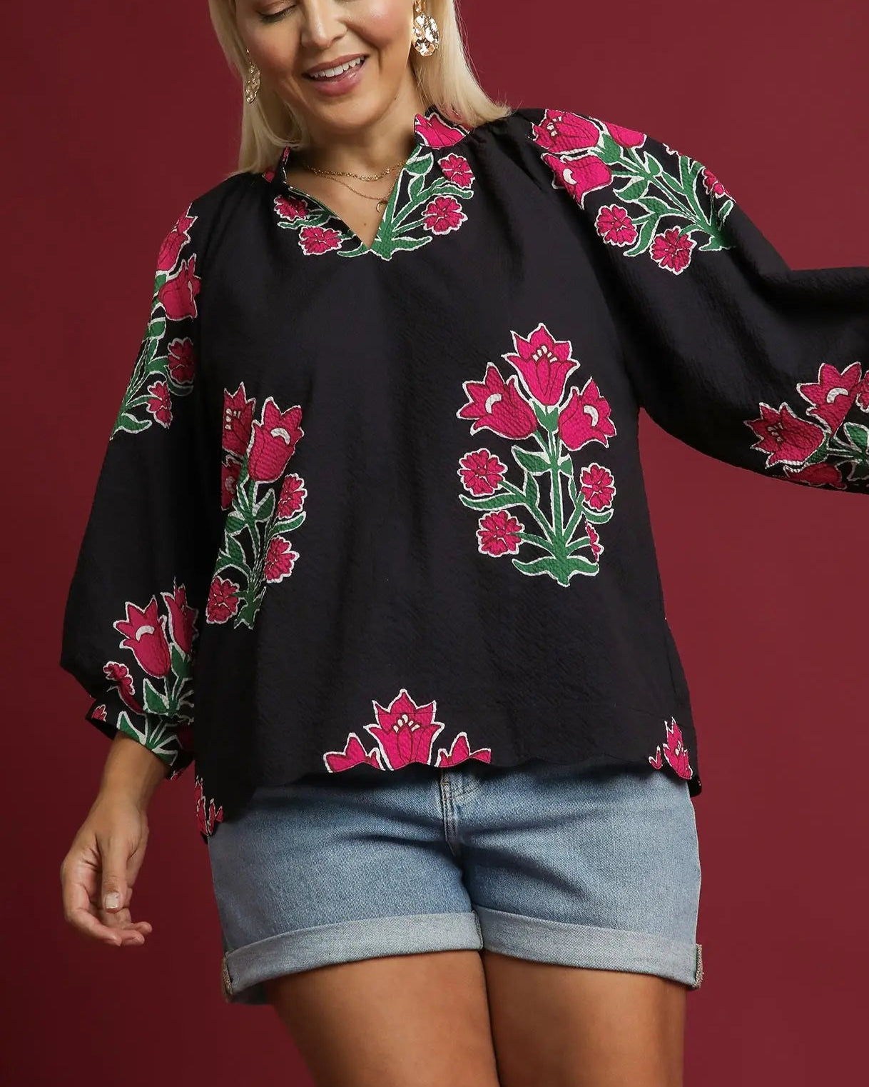 Black Bubble Sleeve Tulip Print Top