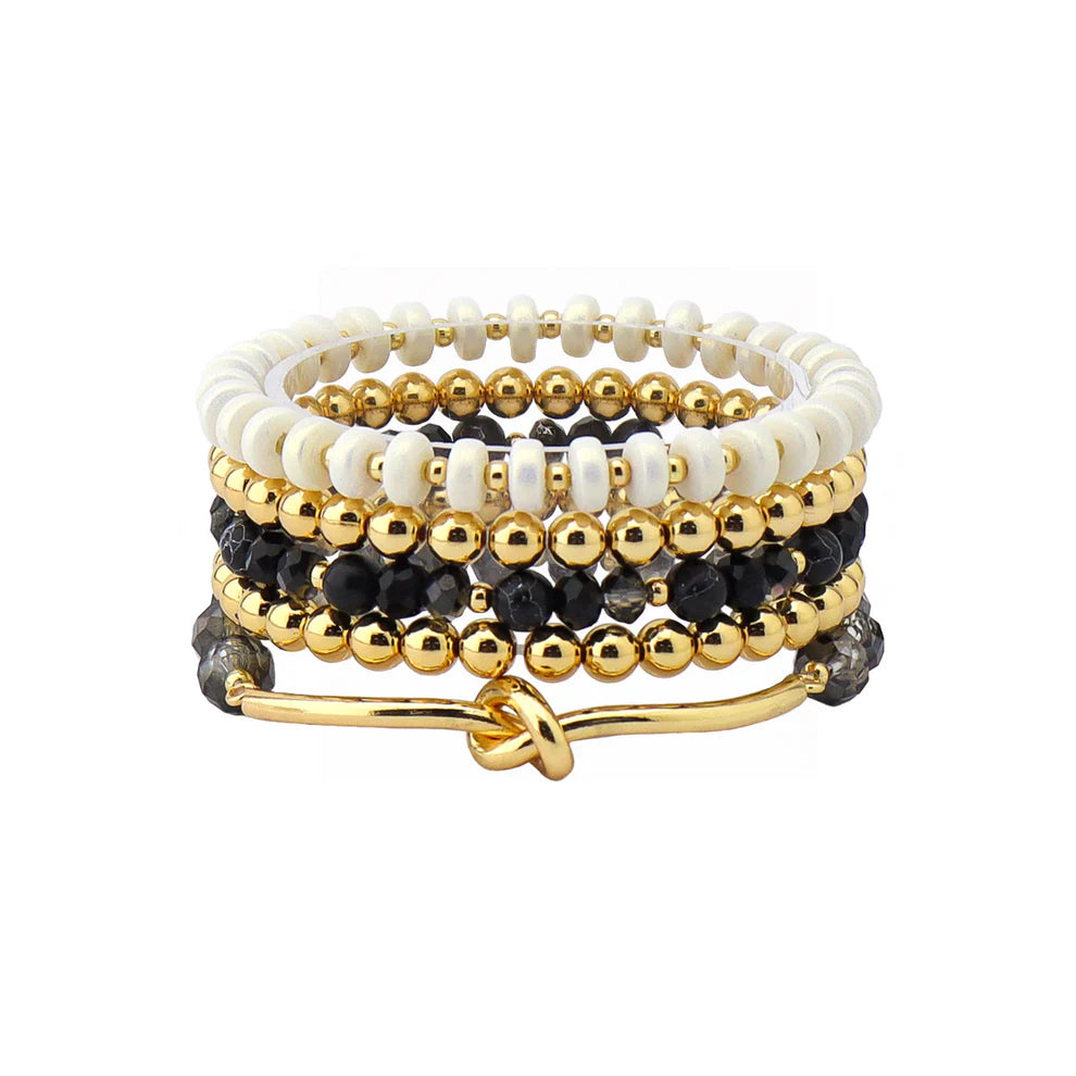 Set of 5 Black Crystal, and Gold Stretch Bracelets