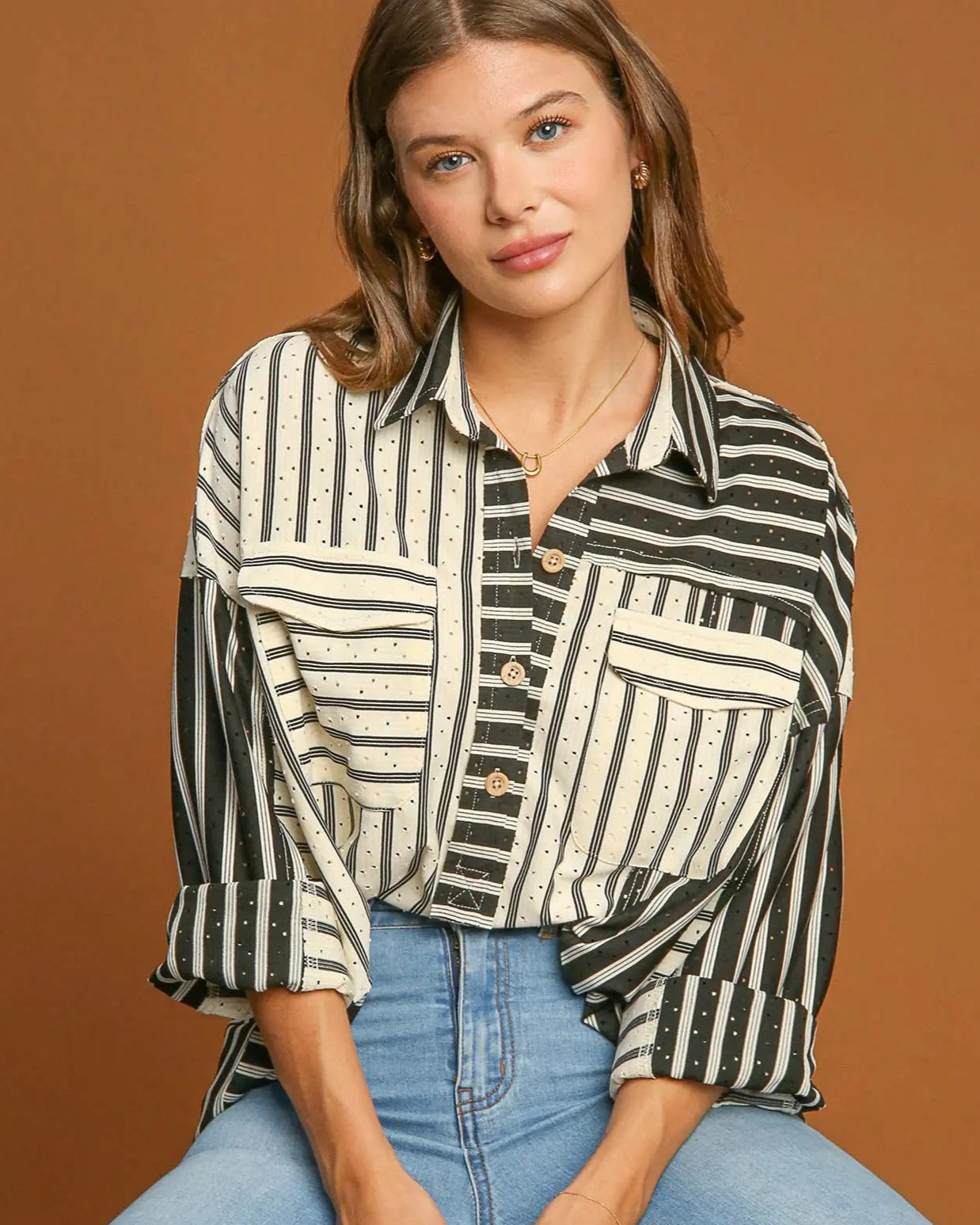 Black Striped Collared Top