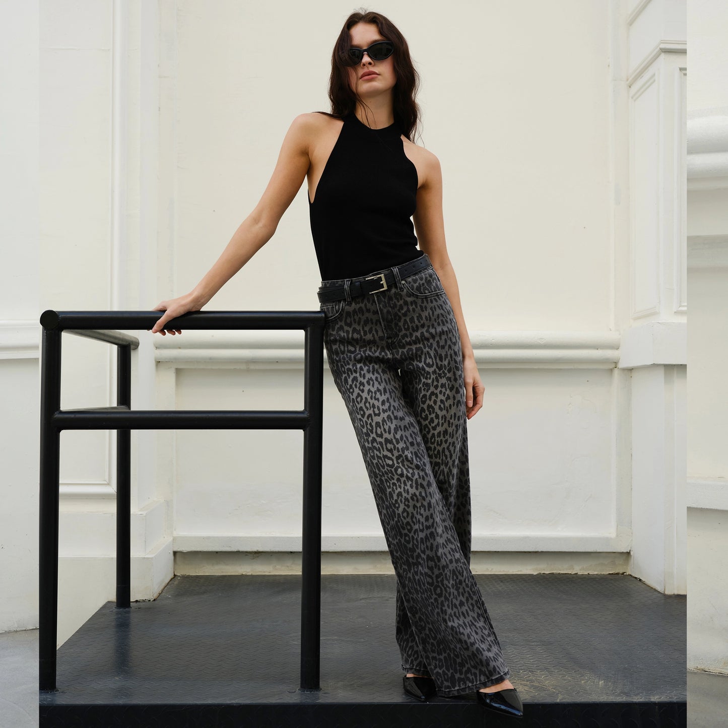 Black High Rise Leopard Print Wide Leg Pants