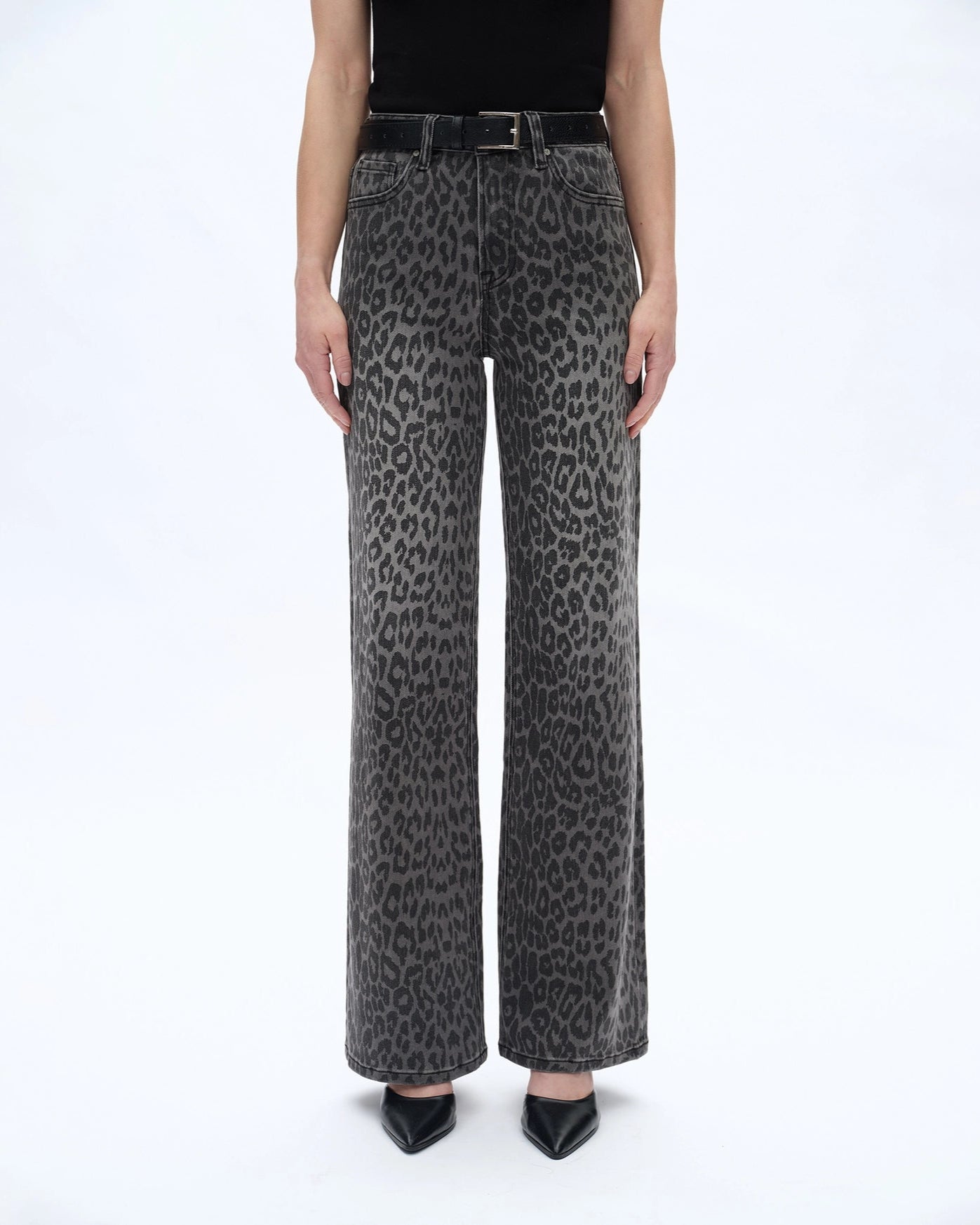 Black High Rise Leopard Print Wide Leg Pants