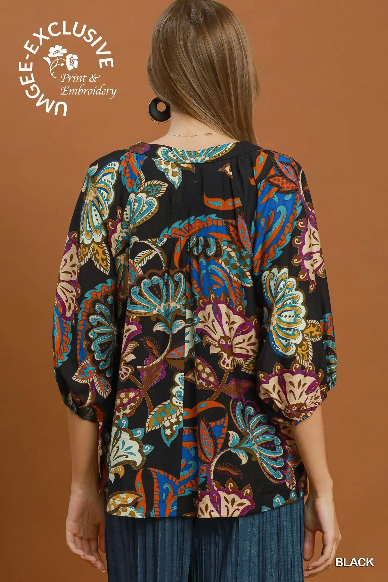 Black Boho Paisley Puff Sleeve Blouse