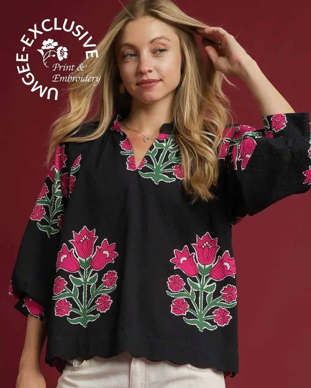 Black Bubble Sleeve Tulip Print Top