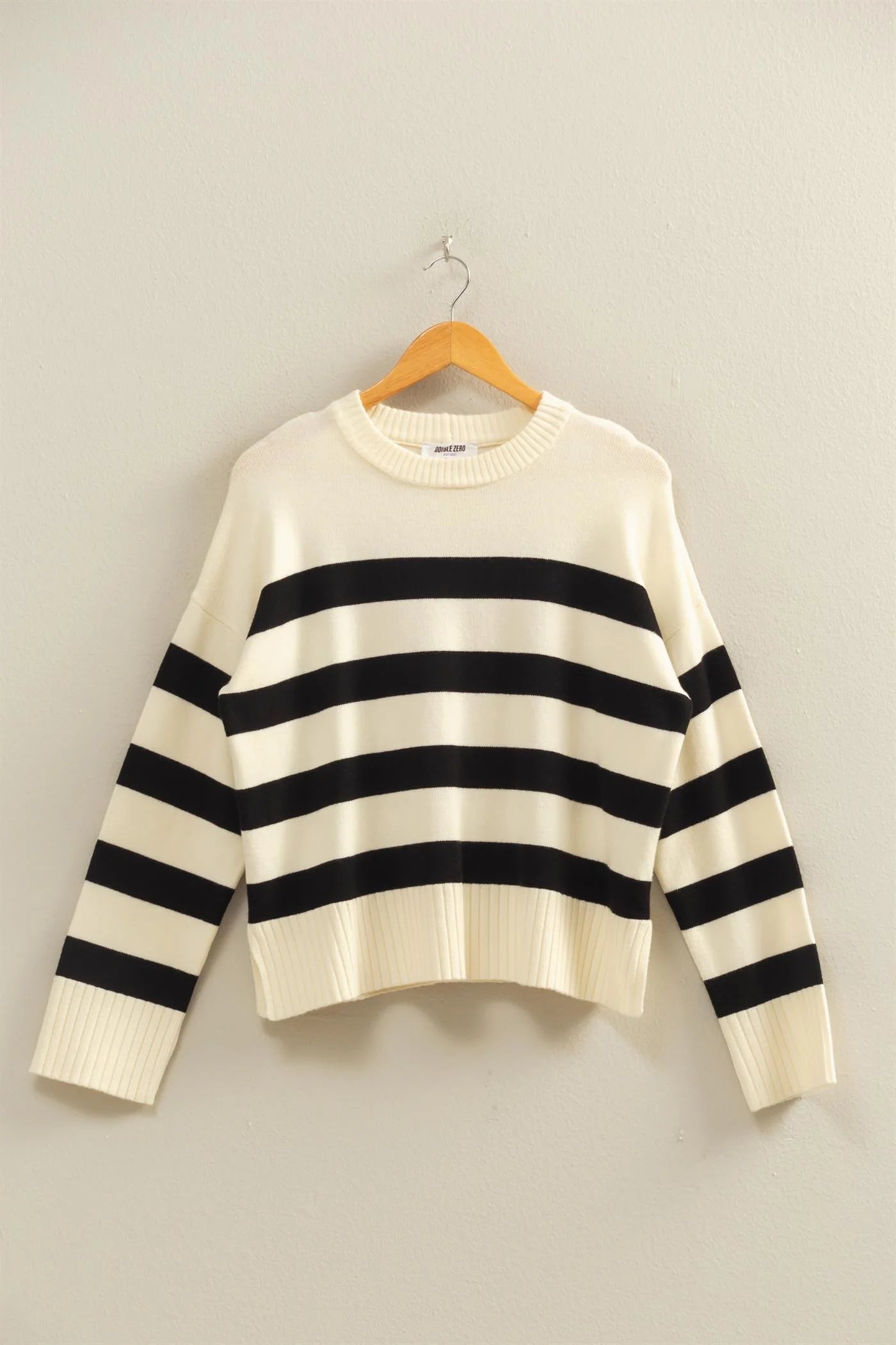 Black and Cream Striped Crew Neck Sweater