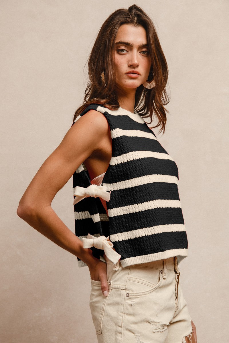 Black textured striped tied vest
