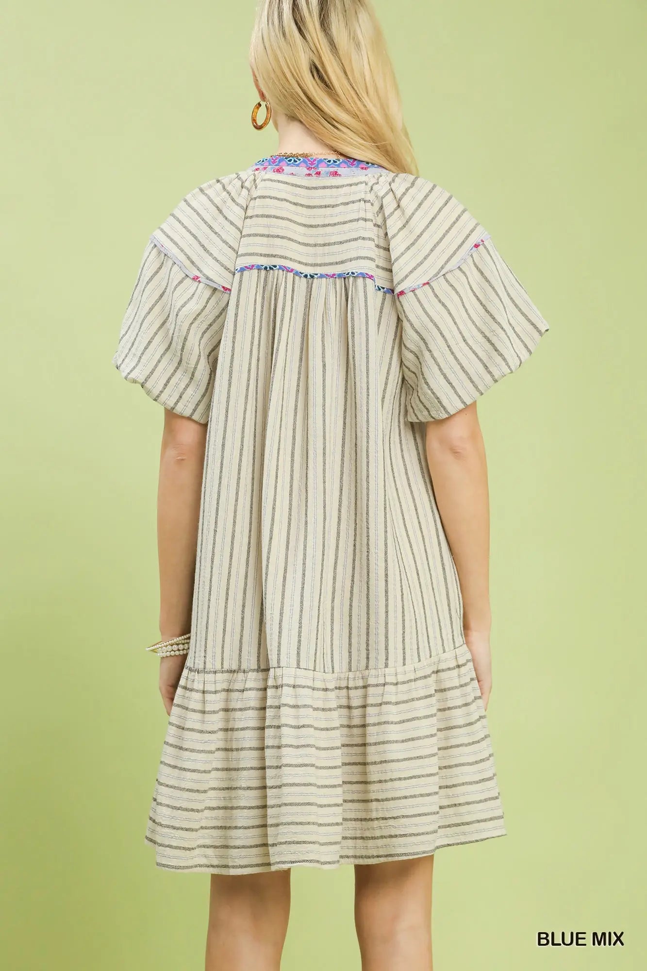 Blue MixV-Neck Button Down Shirt Dress